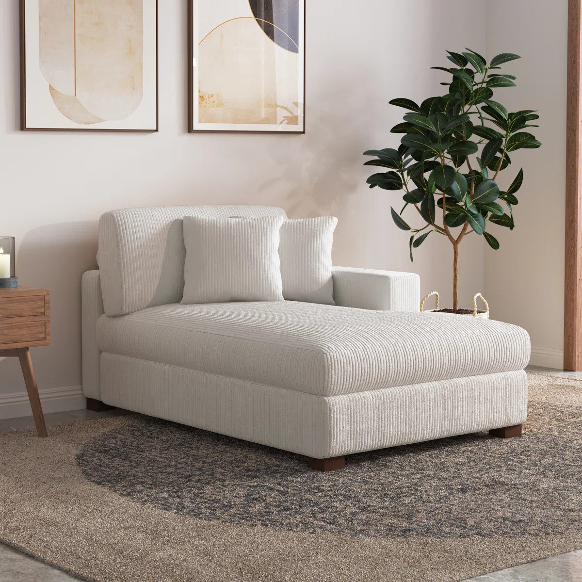 Milbrey Oversized Upholstered Beige Corduroy Chaise Lounge with Armrests & Throw Pillows | Wayfair North America