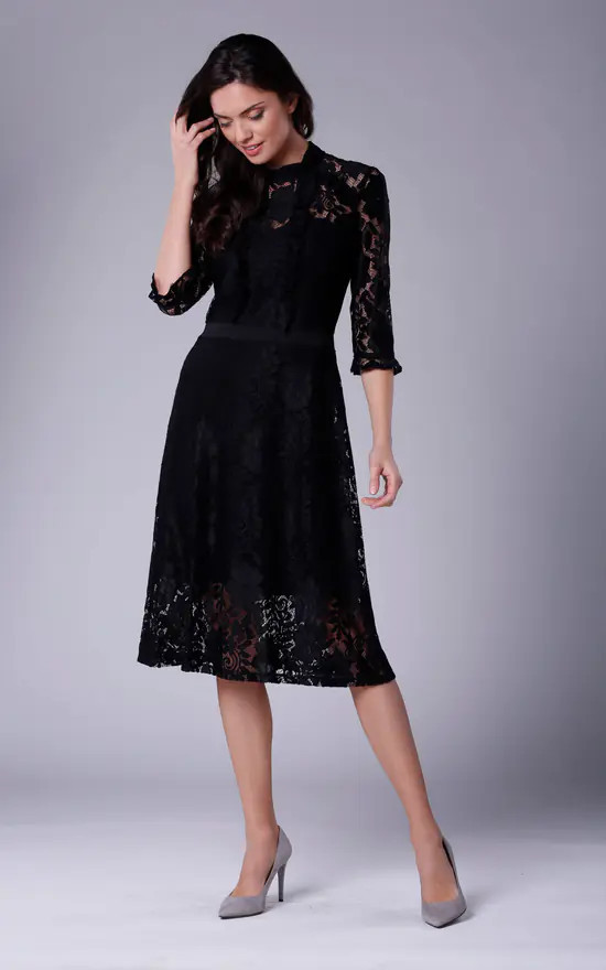 High Neck Lace Midi Dress With 3/4 Sleeves In Black | Bergamo | SilkFred | SilkFred