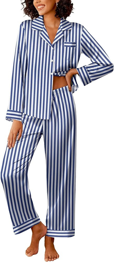 Ekouaer Womens Silk Satin Pajama Sets 2 Piece Sleepwear Pjs Set Long Sleeve Button Down Top and P... | Amazon (US)