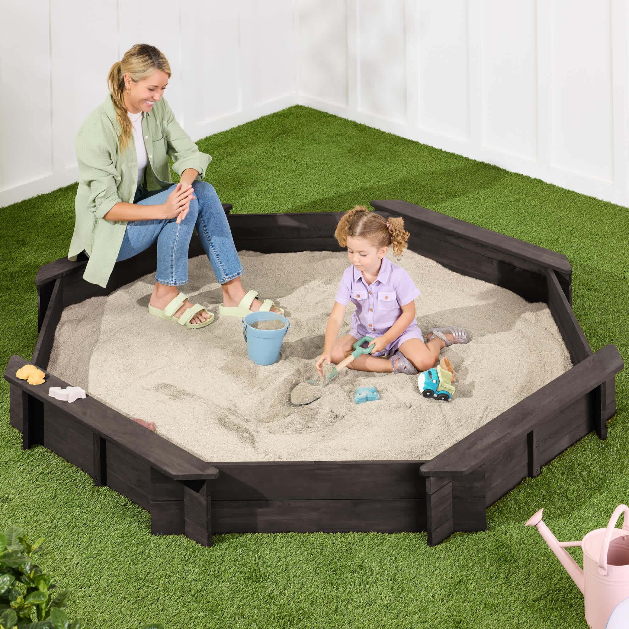 Best Choice Products Kid's Octagonal Wooden Outdoor Sandbox w/ Benches 8 Seats Cover XL Sandpit Liner - Espresso in Brown | SKY7690 | Lowe's