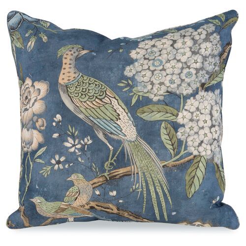 Floral Pheasant 20x20 Pillow, Blue | One Kings Lane