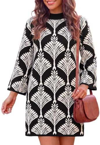 Wenrine Womens Sweater Dress Mock Neck Bell Sleeve Floral Knit Mini Dresses | Amazon (US)