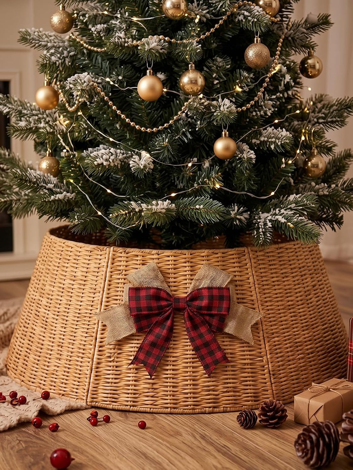 Christmas Tree Collar with Bow Knot, Handwoven Tree Base Cover Tree Skirt Accessory for Home Decor Display, Natural (36 INCH) | Amazon (US)