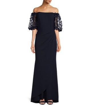 3D Flower Applique Off-the-Shoulder Short Puff Sleeve Scuba Crepe Sheath Gown | Dillard's