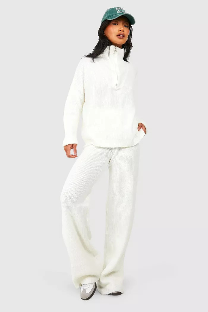Half Zip Funnel Neck And Wide Leg Pants Knitted Set | boohoo (US & Canada)