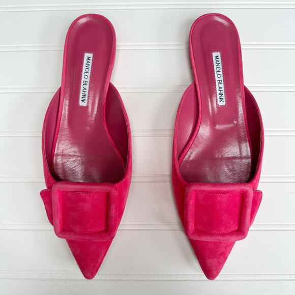 Manolo Blahnik Maysale Flat Mule Buckle Shoe Ballerina Pointed Toe Bright Pink | Poshmark