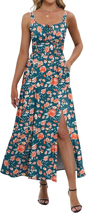 ANRABESS Women Summer Maxi Dress 2025 Square Neck Sleeveless Casual Boho Floral High Waist Slit T... | Amazon (US)