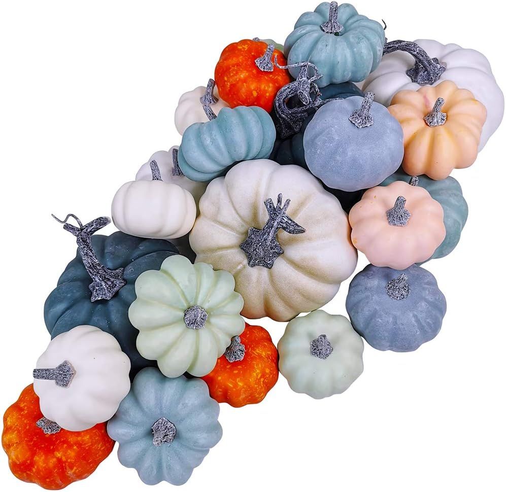 24 Pcs Bulk Assorted Rustic Harvest Artificial Blue Pumpkins Foam Pumpkin in White Orange Green T... | Amazon (US)