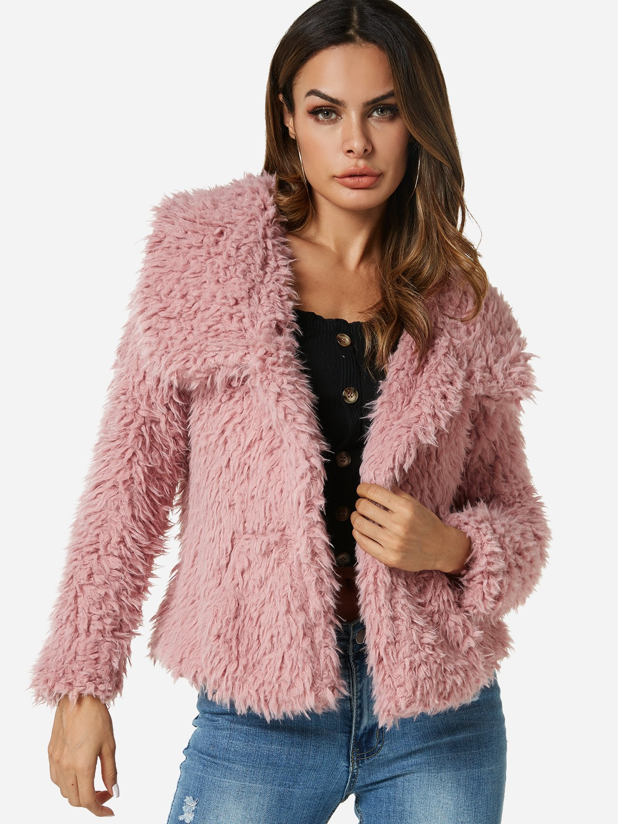 Pink Slip Pockets Lapel Collar Long Sleeves Faux Fur Coat | YOINS