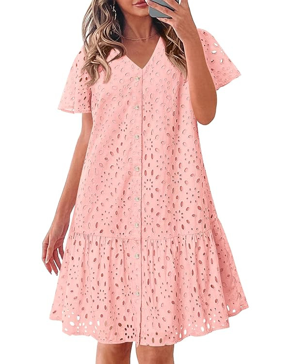KIRUNDO Eyelet Dresses for Women 2026 Spring Summer Short Sleeve Button Down Loose Mini Babydoll ... | Amazon (US)