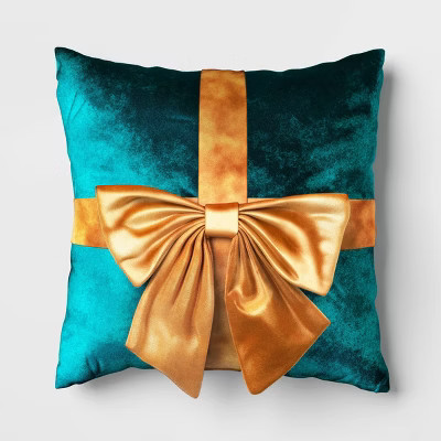 16"x6" Christmas Green Velvet Square Pillow with Teal Bow - Wondershop™ | Target