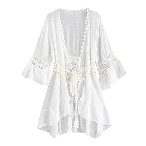 ZAFUL Women's Swimsuit Beach Cover Up Casual Loose Open Front Bikini Coverups Summer Kimono Cardigan Crochet Beachwear A-White | Amazon (US)