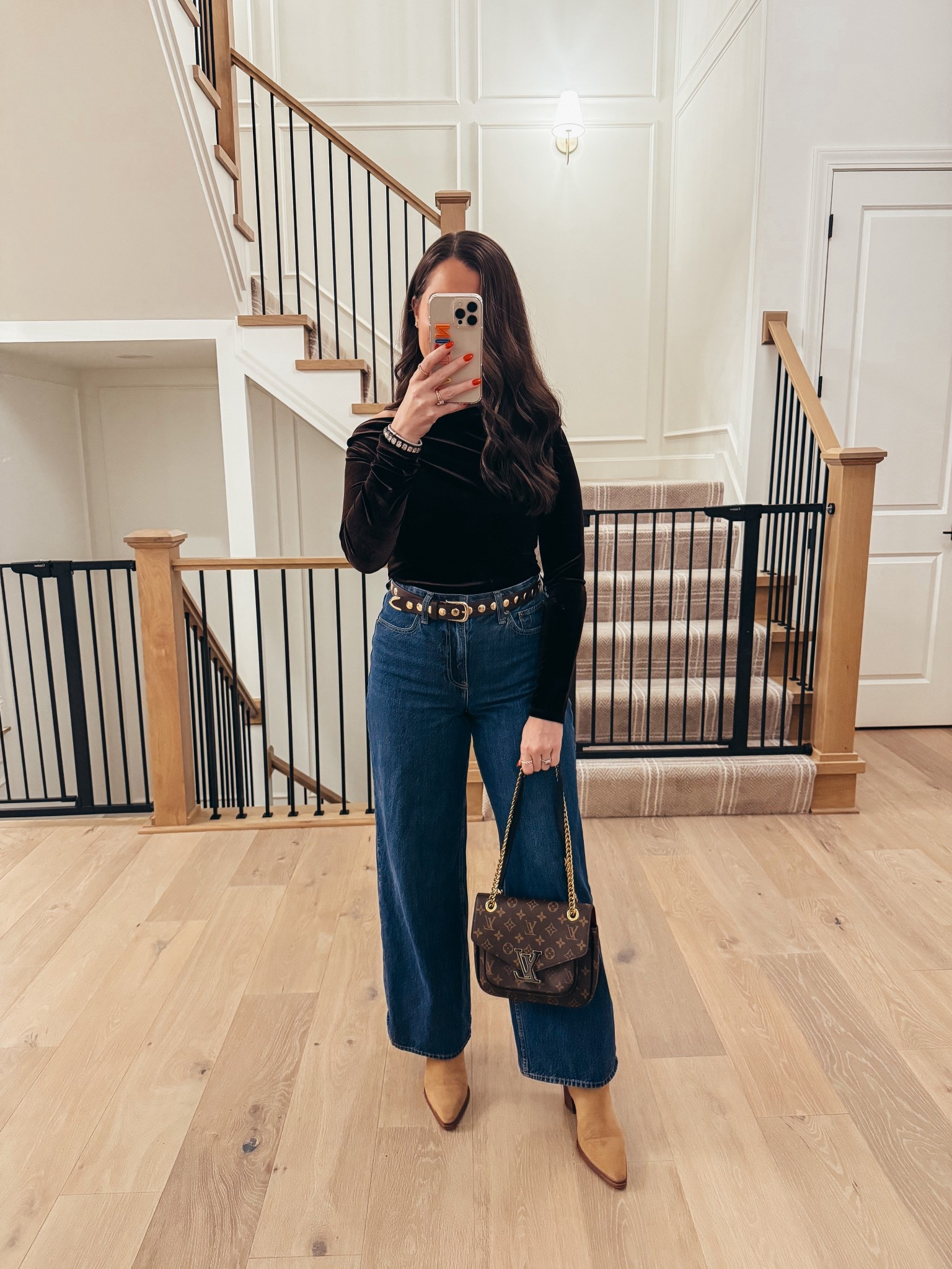 last nights triple date night ootn! Love this chocolate brown velvet top! So pretty for winter 🤎 wearing a small in the top and a 27/4 in the jeans. 

#LTKFindsUnder100 #LTKHoliday #LTKFindsUnder50