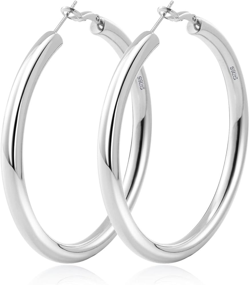 Thick Silver Hoop Earrings S925 Sterling Silver Earrings Hoops Chunky Silver Hoops Hollow Tube Si... | Amazon (US)