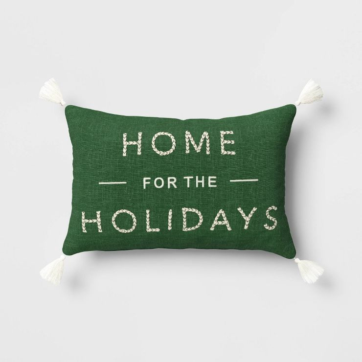 Embroidered 'Home for the Holidays' Lumbar Christmas Throw Pillow Green - Threshold™... | Target