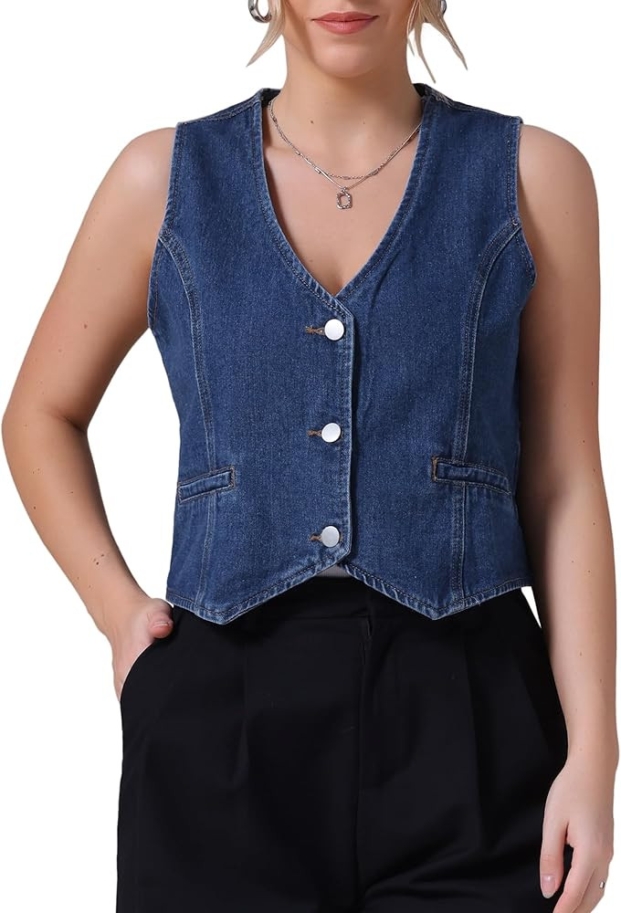 Women's Denim Vest Crop Denim Top Button Down Waistcoat Vest Casual Sleeveless Jacket Jean Vests | Amazon (US)