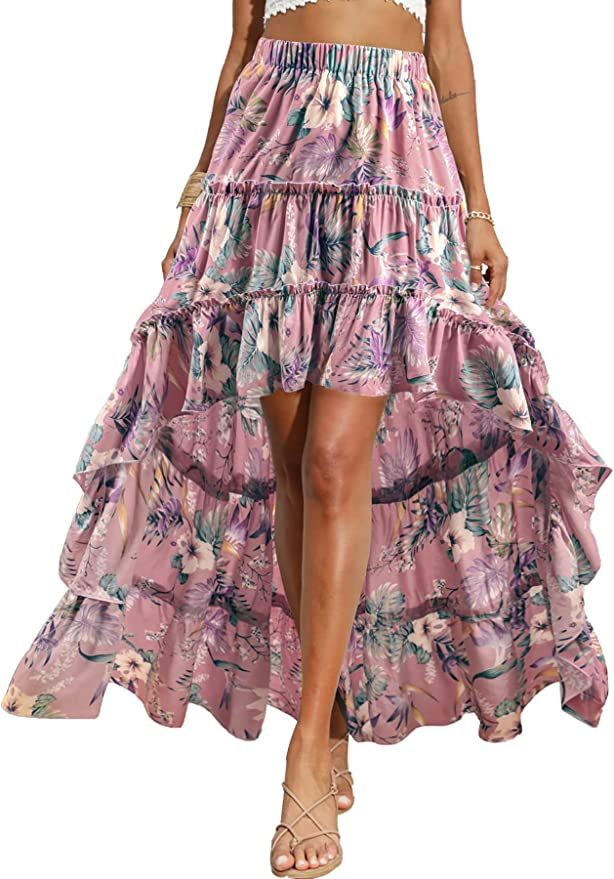 BTFBM Women 2023 Summer Spring Boho Long Skirts Dress Floral Print Elastic Waist Split Ruffle Hig... | Amazon (US)