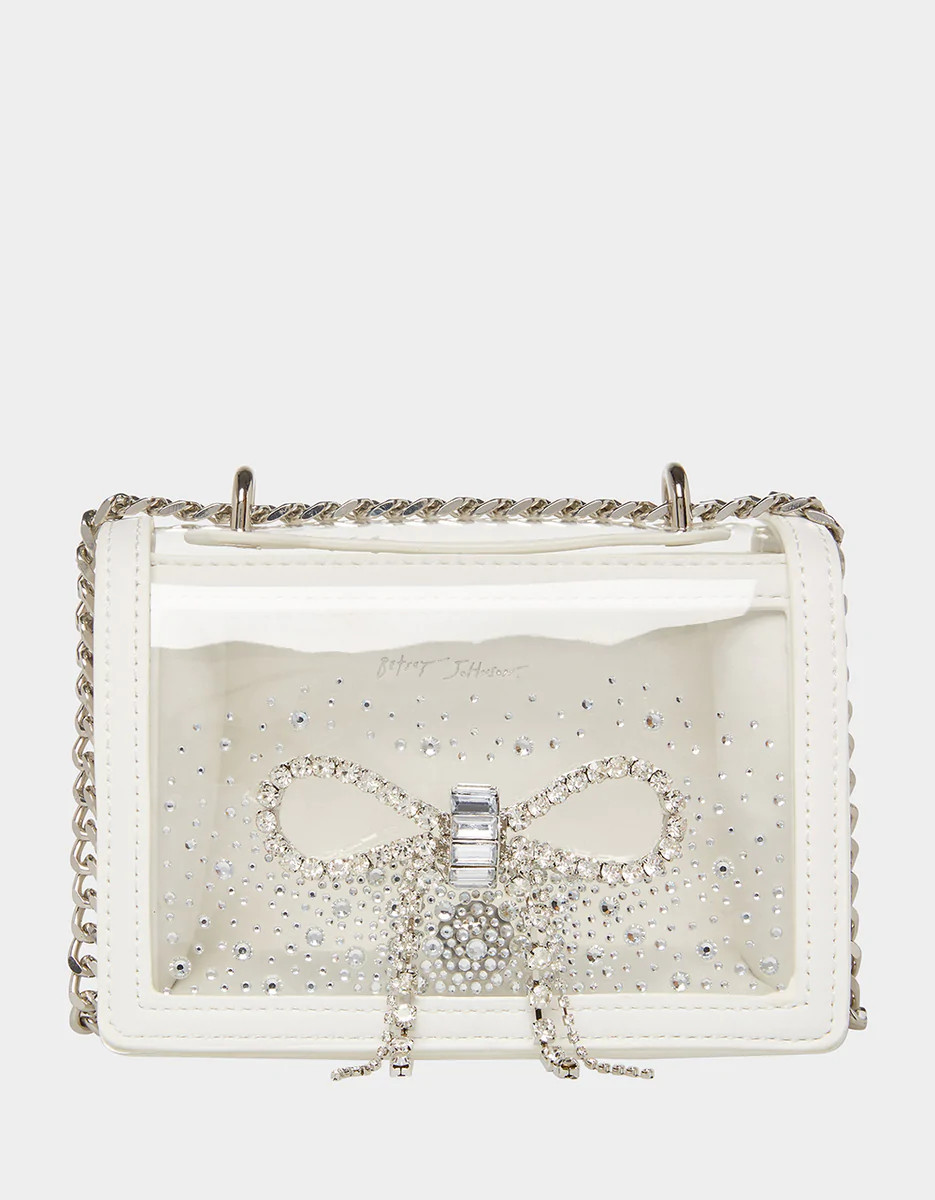 CLEAR CONVERTIBLE BAG WITH RHINESTONE BOW WHITE | Betsey Johnson
