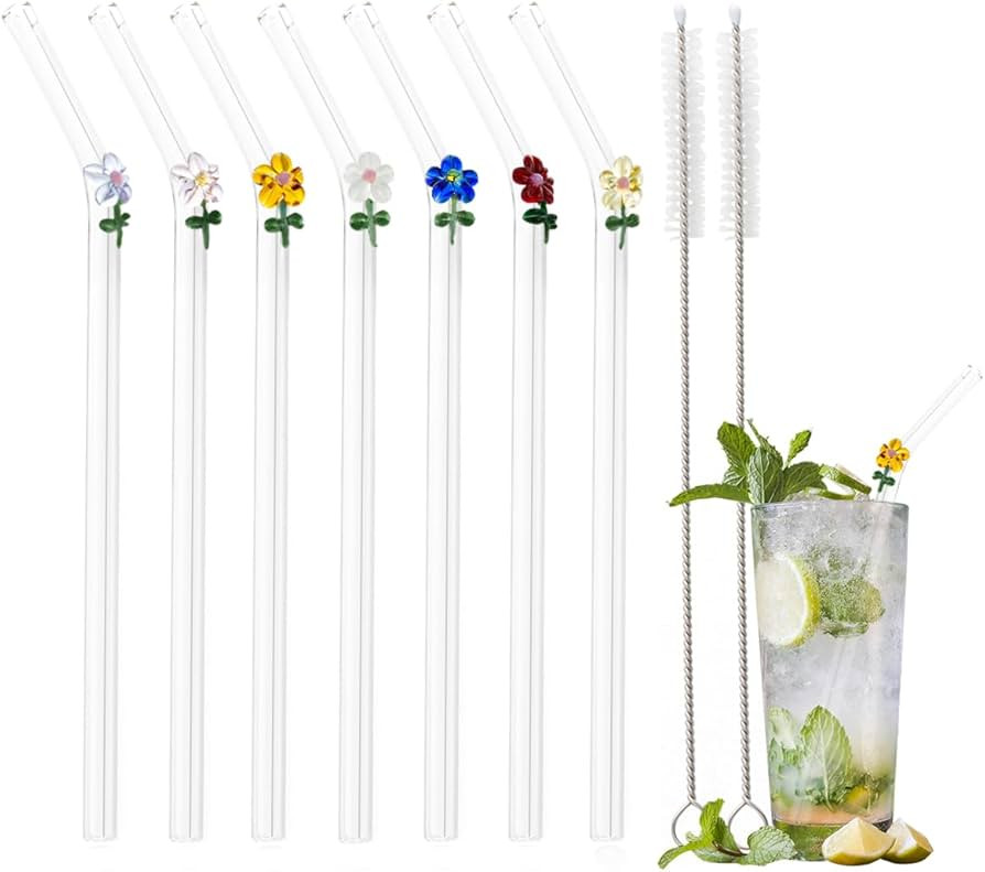 7 Pcs Glass Straws With Flower Charms, Cute Fun Reusable Straws, With Design Clear Bent Straws, W... | Amazon (US)