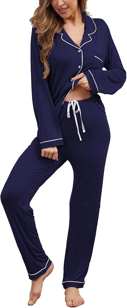 Button Up Pajamas for Women Long Sleeve Sleepwear Soft Loungewear Ladies Pjs Set XS-XXL | Amazon (US)