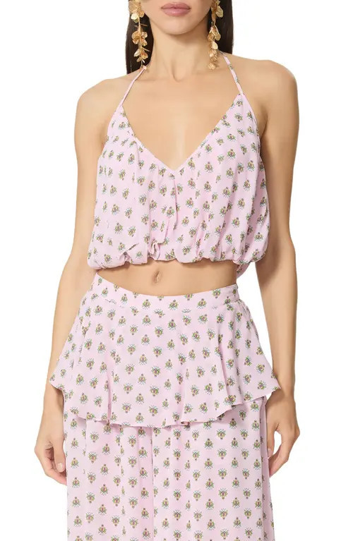 AFRM Ailee Micro Print Halter Bubble Hem Crop Top in Crocus Foulard at Nordstrom, Size X-Large | Nordstrom