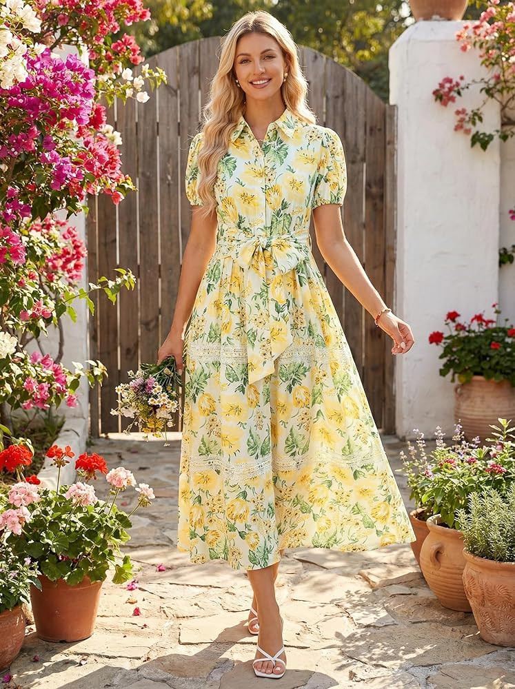 GRACE KARIN Women's 2026 Summer Floral Flowy Dresses Boho Tie Belt Short Puff Sleeve A Line Maxi ... | Amazon (US)
