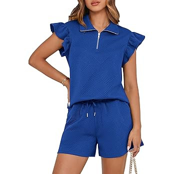 BTFBM Womens 2 Piece Outfits Spring Sweatsuit Zipper V Neck Casual Ruffle Cap Sleeve Tops Drawstr... | Amazon (US)