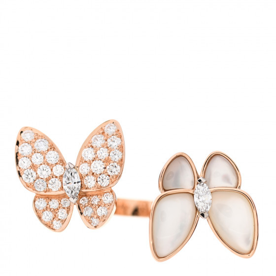 VAN CLEEF & ARPELS 18K Rose Gold Diamond Mother of Pearl Two Butterfly Between The Finger Ring 50... | Fashionphile