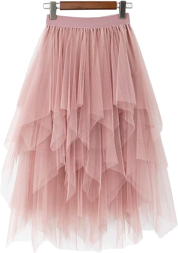 LBKKC Women's Tulle Skirt Formal High Low Asymmetrical Midi Tea-Length Elastic Waist Tutu Skirts | Amazon (US)