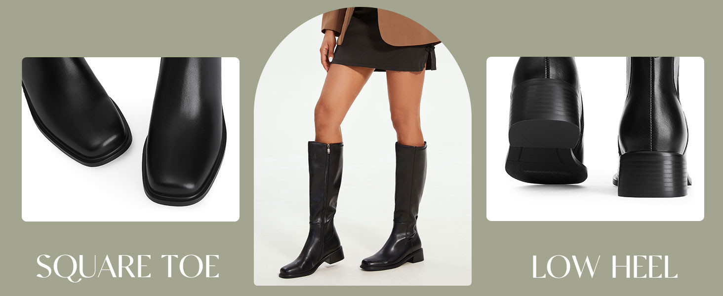 Knee High Boots Women Faux Leather Elastic Boots Low Heel Square Toe Side Zipper Fall Long Tall B... | Amazon (US)