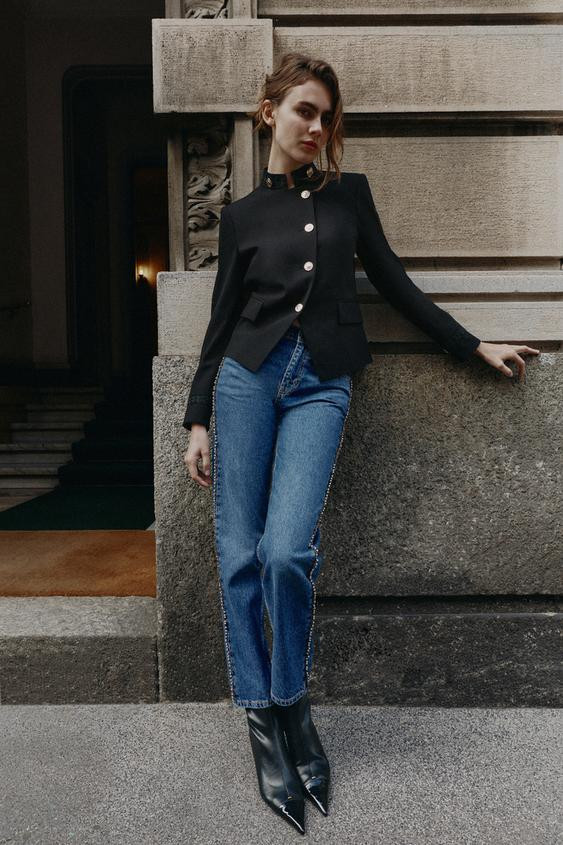 Zara - Trimmed Double-Breasted Blazer - Black - L - Woman | Zara US
