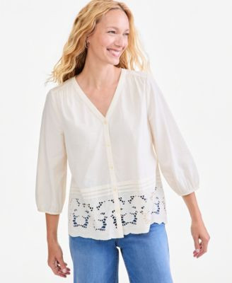 Style & Co Women's Eyelet Scalloped-Hem Blouse, Macy's Exclusive - Palomino | Macy's