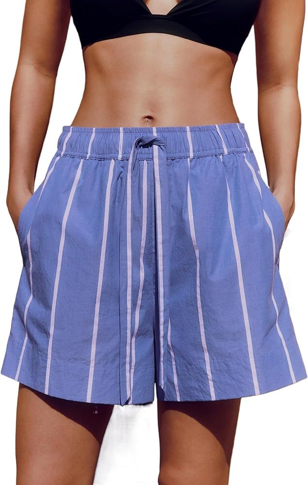 Casual Cotton Striped Boxer Shorts for Womens Summer Beach High Waist Going Out Shorts with Pocke... | Amazon (US)