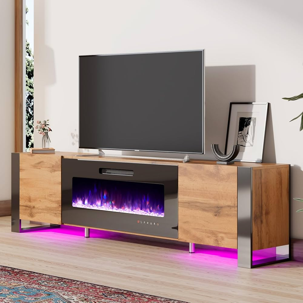 U-Shaped Legs 70" Fireplace TV Stand, Mirrored Finish Media Console with 36" Electric Fireplace, ... | Amazon (US)