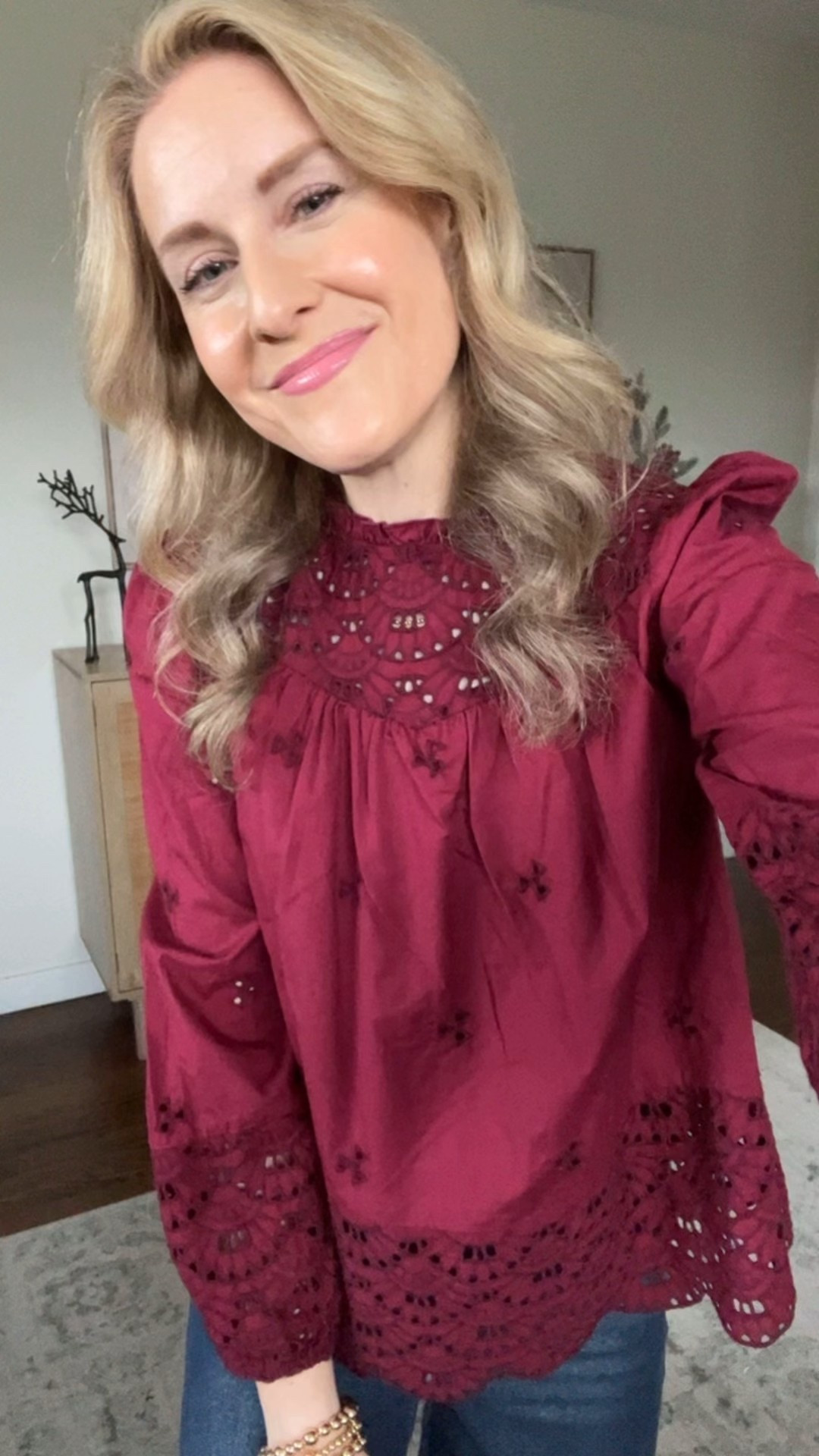 Found my Christmas outfit at Walmart with this gorgeous cotton eyelet top! True to size small. Also comes in ivory. Lined. #walmartfashion 

#LTKOver40 #LTKHoliday #LTKFindsUnder50