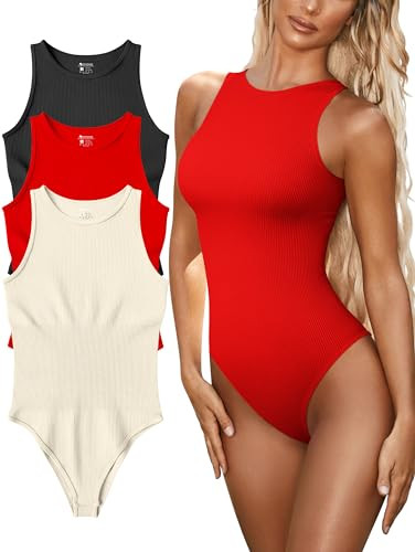 OQQ Women's 3 Piece Bodysuits Sexy Ribbed One Piece Sleeveless Halter Neck Tops Leotard Summer Trendy Black Red Beige | Amazon (US)