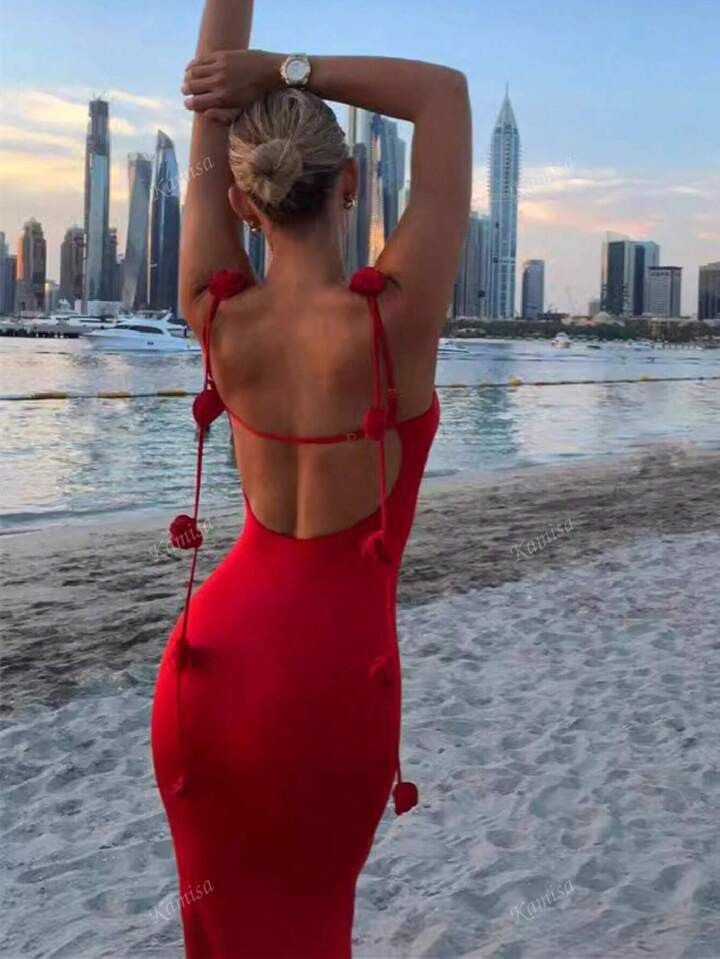 Women's Red & New Year Sexy Open Back 3D Floral Decor Maxi Slip Dress | SHEIN