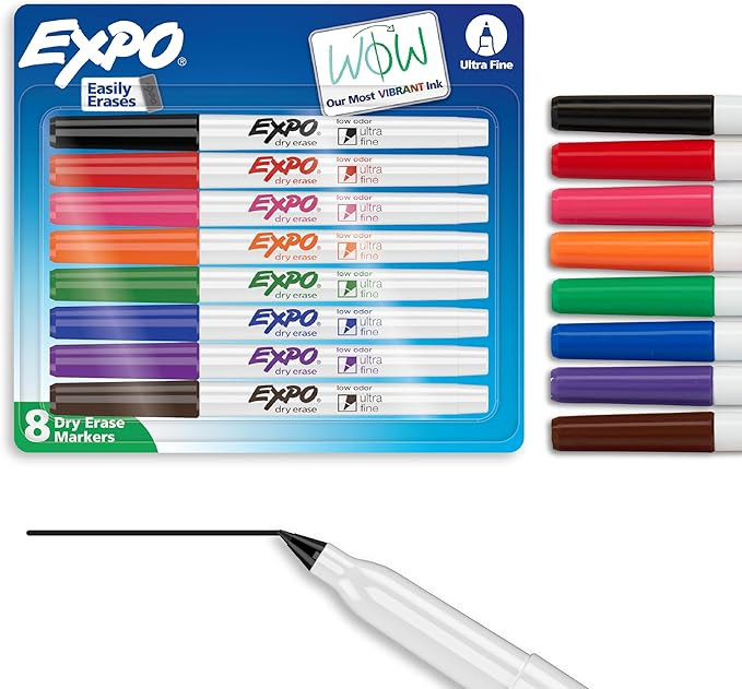 EXPO Dry Erase Markers, Low Odor Ink, Assorted Colors, Ultra Fine Tip, 8 Count - Easily Erases, V... | Amazon (US)