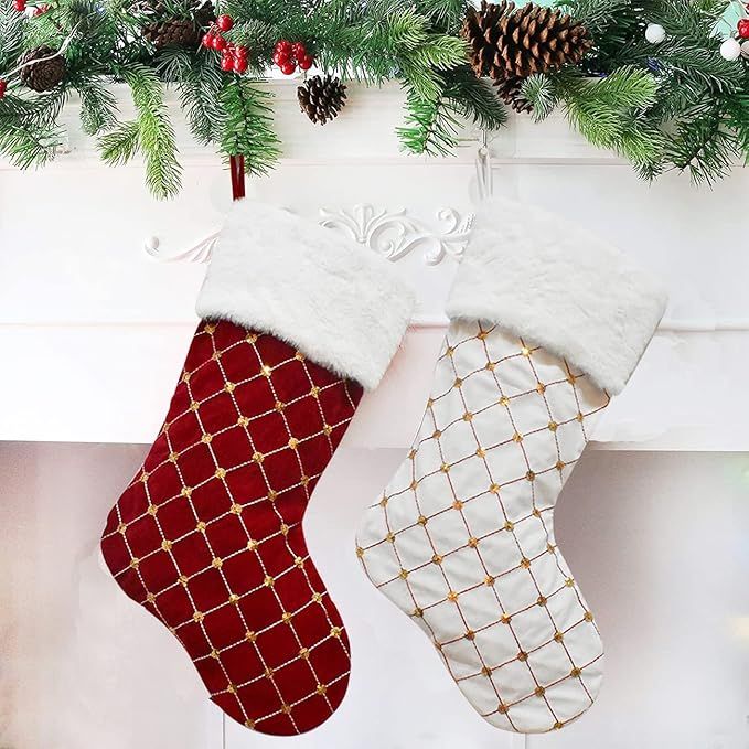 Mencly Christmas Stockings, 2 Pack 18" Plaid Xmas Stockings with Gold Sequins, Personalized Large... | Amazon (US)