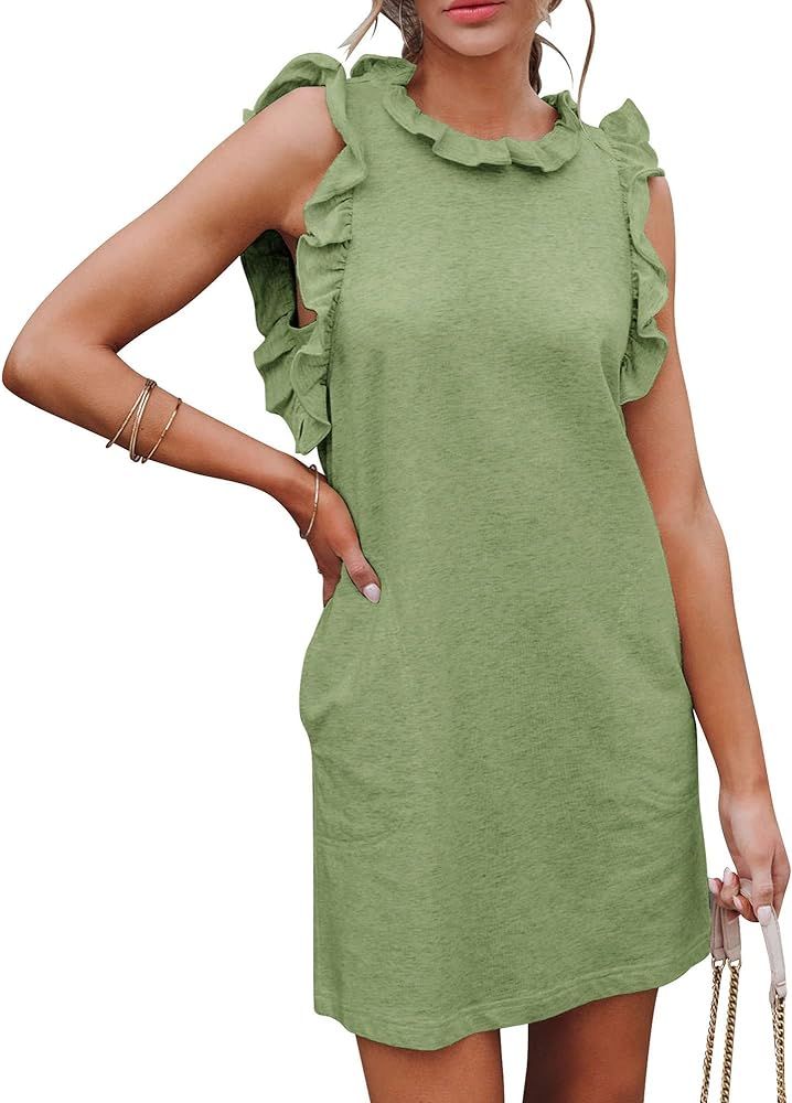 Uincloset Women's Summer Sleeveless Ruffle Sleeve Mini Dress Casual Crew Neck Pocketed Tunic Dres... | Amazon (US)