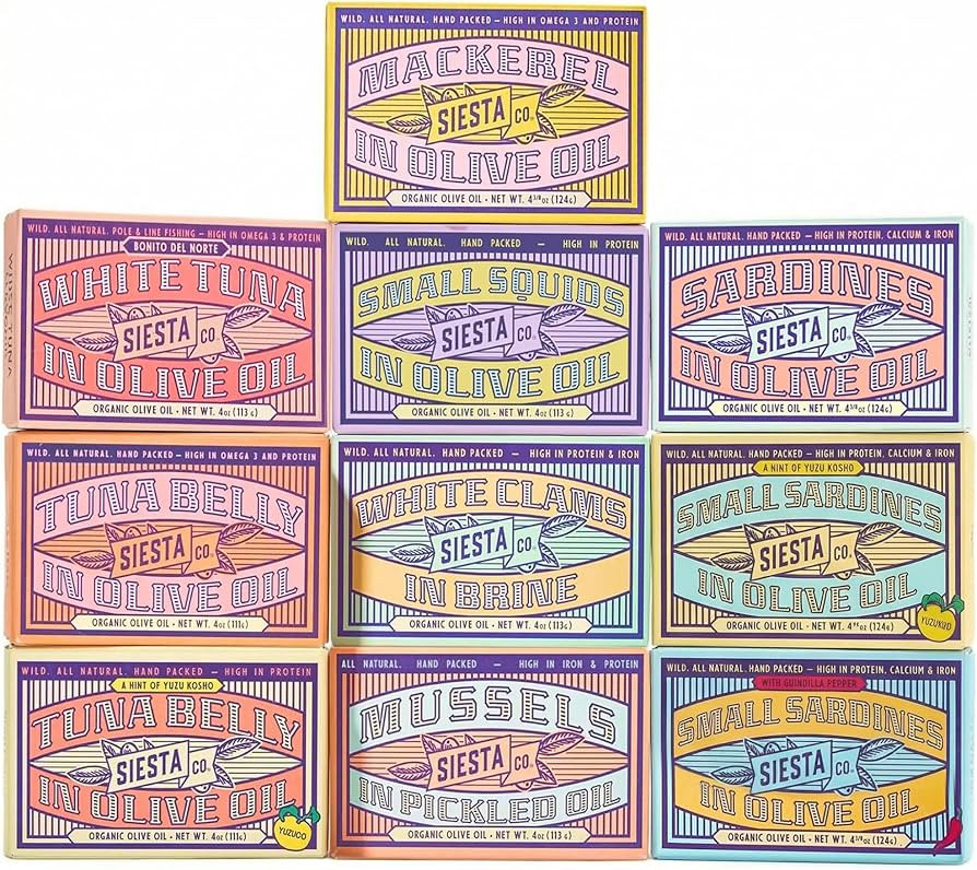 Siesta Co. Spanish Tinned Seafood Variety Pack – 10 Gourmet Cans of Sardines, Tuna, Mackerel, M... | Amazon (US)
