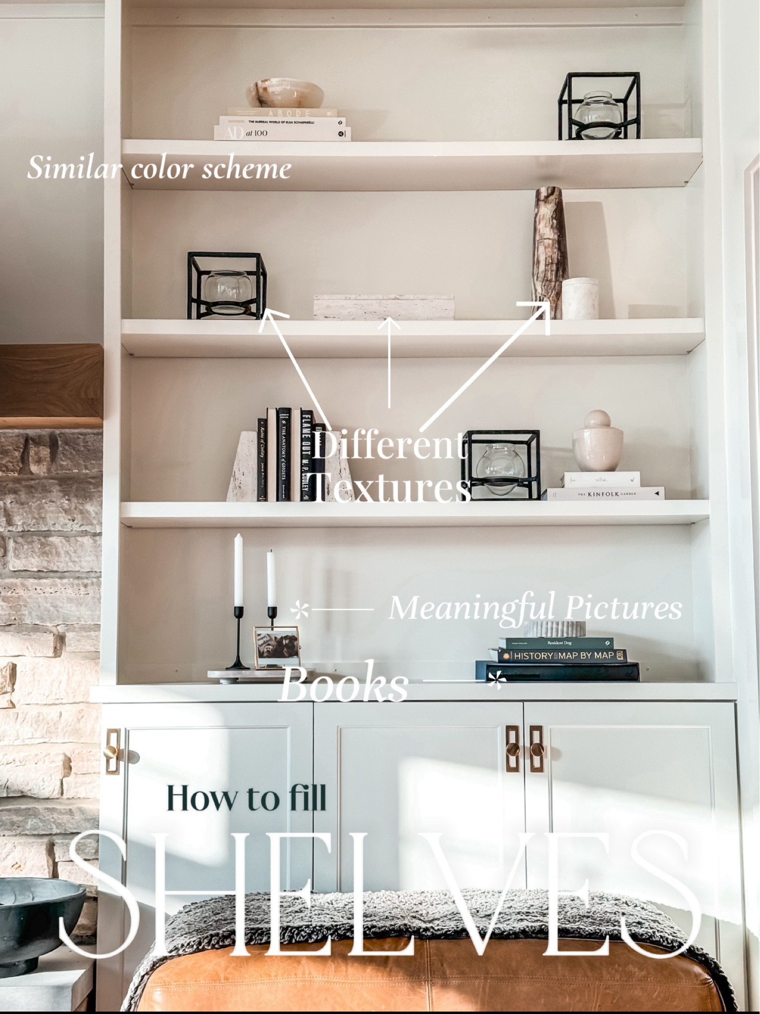 How to fill in shelves 
- stack of cohesive color scheme books ( so many different color options)
- marble bookends 
- onyx decor
- travertine decor
- ceramic candle 
- leather cognac ottoman
#ltkhome #ltkstyletip #ltkover40

#LTKFindsUnder100 #LTKSaleAlert #LTKFindsUnder50