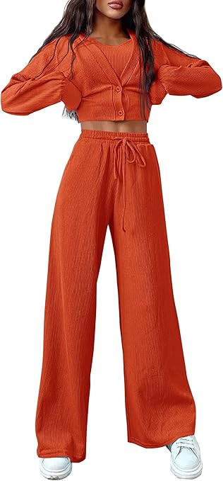 PRETTYGARDEN Womens 2024 Fall Track Suits 3 Piece Outfits Matching Sets Ribbed Knit Cardigan Crop... | Amazon (US)