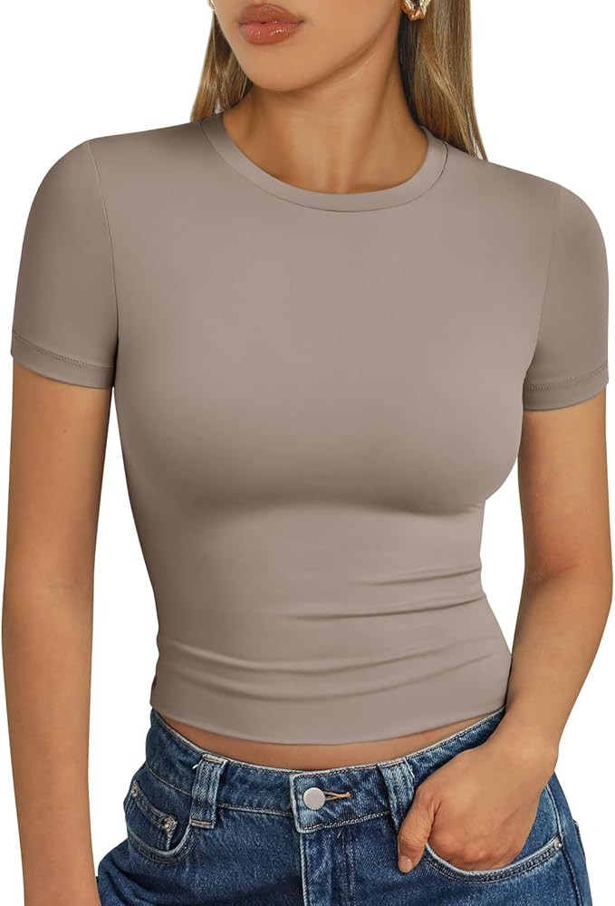 Trendy Queen Womens Short Sleeve T Shirts - Buttery Soft Summer Crop Tops Slim Fit Y2k Basic Tees... | Amazon (US)