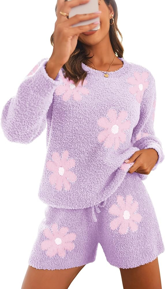 Ekouaer Fuzzy Fleece Pajamas 2 Piece Warm Soft Lounge Set Long Sleeve Sweater Top and Shorts Loun... | Amazon (US)
