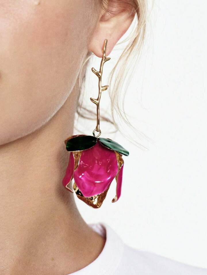 1pair Exaggerated Fashion Enamel Alloy Metal Floral Dangle Earrings For Women | SHEIN