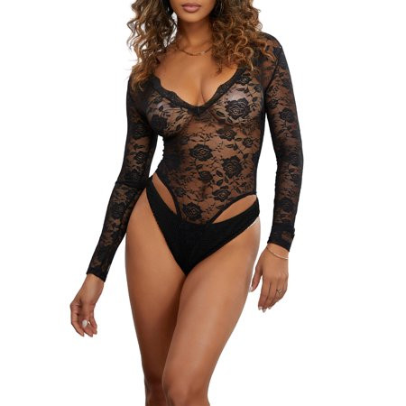 Tsseiatte Women Lace Bodysuits T-Shirt V Neck Sheer Long Sleeve Jumpsuits Romper for Club Streetwear | Walmart (US)