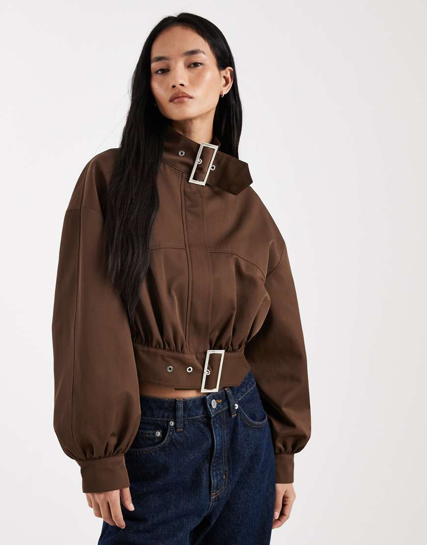 ASOS DESIGN funnel neck cropped jacket with buckle detail in brown | ASOS (Global)