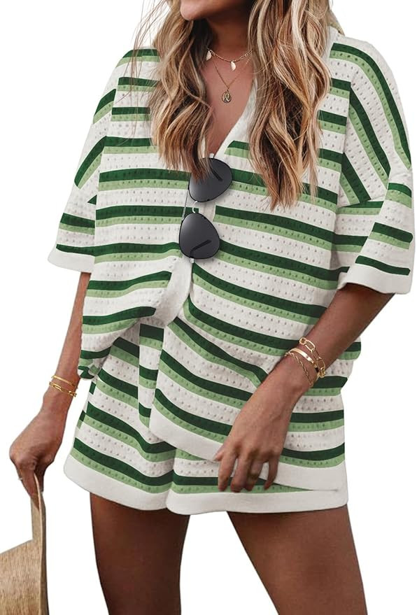 Ekouaer Lounge Sets for Women Crochet Striped 2 Piece Short Sets Short Sleeve Outfits Matching Se... | Amazon (US)
