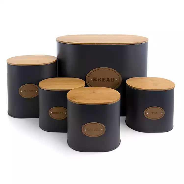 New!Gray Metal and Bamboo Label Canisters, Set of 5 | Kirkland's Home